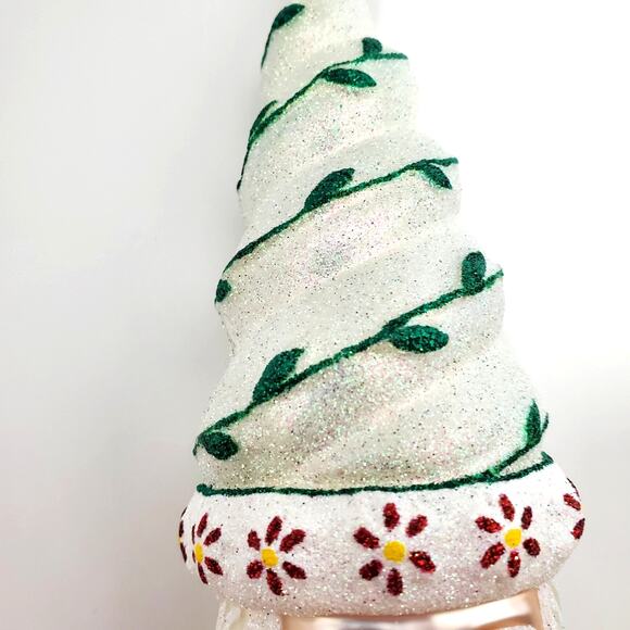 Glass Santa Ornament White w/Green Vine Red Yellow Flowers Winter - Picture 2 of 16